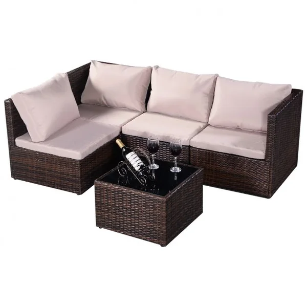 Salon de Jardin en Résine Tressée 2 Fauteuils Simples 1 Causeuse 1 table Coussins Beige en Poly Rotin et Rer Marron
