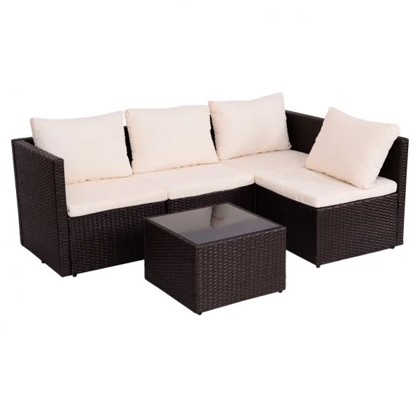 Salon de Jardin en Résine Tressée 2 Fauteuils Simples 1 Causeuse 1 table Coussins Beige en Poly Rotin et Rer Marron