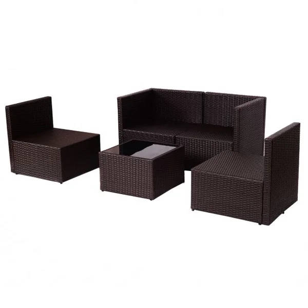 Salon de Jardin en Résine Tressée 2 Fauteuils Simples 1 Causeuse 1 table Coussins Beige en Poly Rotin et Rer Marron