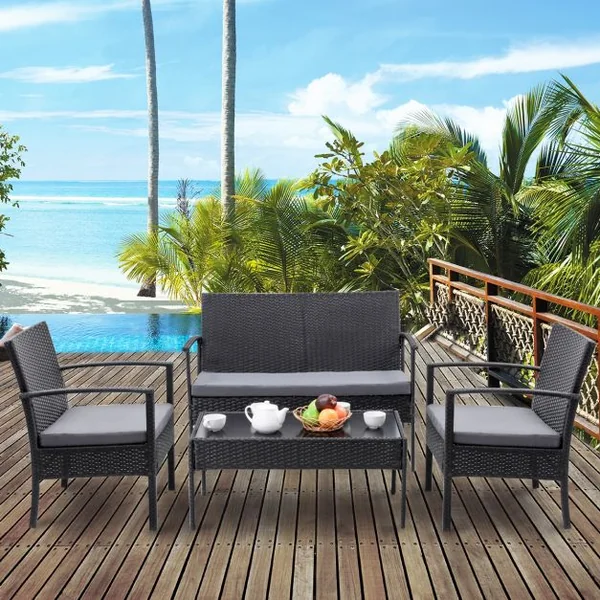 Salon de Jardin Imitation Rotin en Fer 1 Table Basse Verre Trempé 2 Fauteuils Simples 1 Causeuse avec Coussins Gris