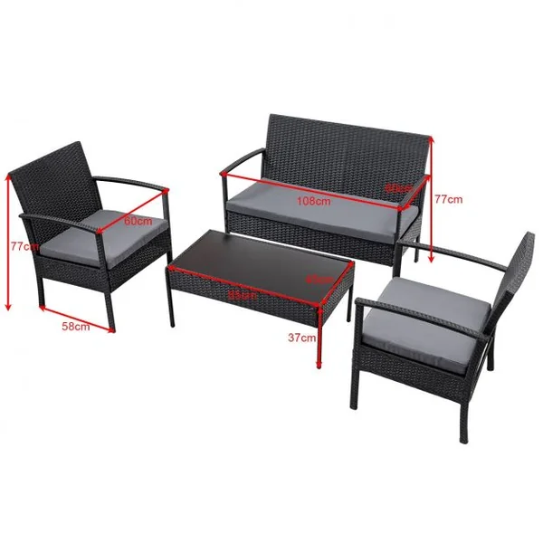 Salon de Jardin Imitation Rotin en Fer 1 Table Basse Verre Trempé 2 Fauteuils Simples 1 Causeuse avec Coussins Gris