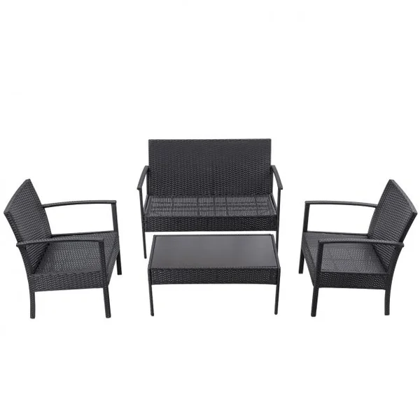 Salon de Jardin Imitation Rotin en Fer 1 Table Basse Verre Trempé 2 Fauteuils Simples 1 Causeuse avec Coussins Gris