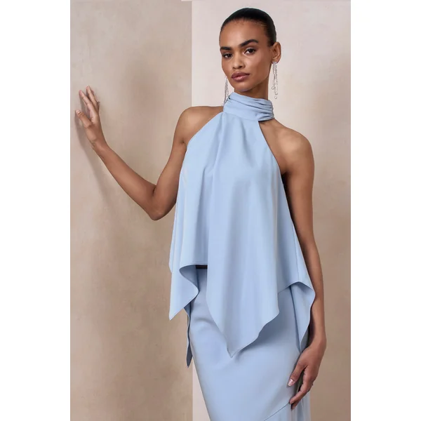 Sancelle | Top en satin bleu poudré à encolure licou