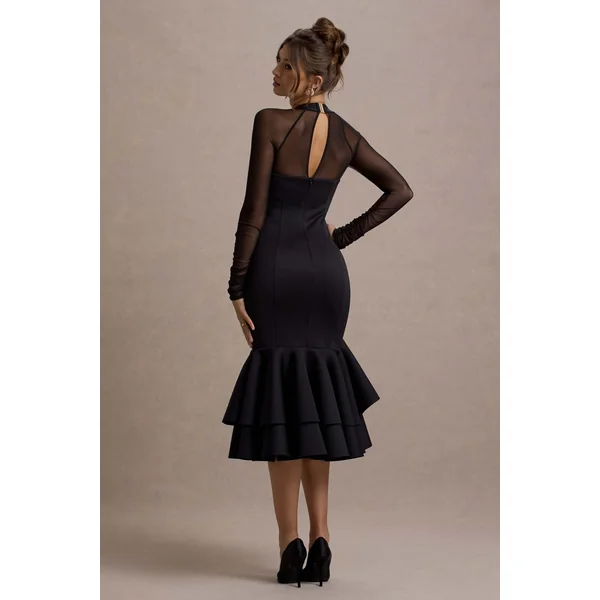 Sander | Robe Mi-Longue Noir en Mesh à Manches Longues et Ourlet à Volants