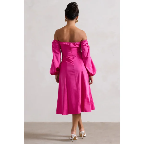 Santino | Robe mi-longue rose décolleté bardot torsadé et manches bouffantes