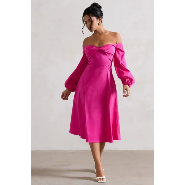 Santino | Robe mi-longue rose décolleté bardot torsadé et manches bouffantes