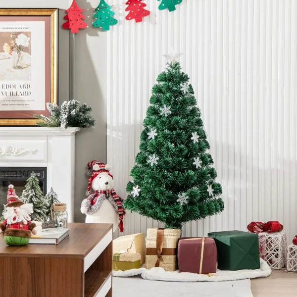 Sapin de Noël Artificiel 120 cm avec Lumières LED et Pied Arbre de Noël en PVC plastique métal avec flocon de neige, Vert