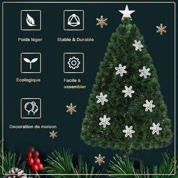 Sapin de Noël Artificiel 120cm 135 Branches Lumières LED Variation de Couleurs, Etoile à la cime, Flocon de neige, Pied