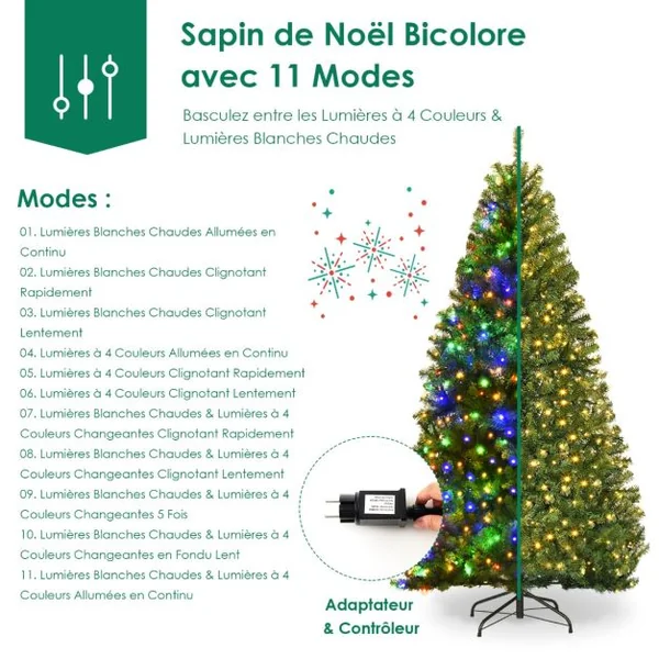 Sapin de Noël Artificiel 120cm Arbre de Noël, Lumières LED multicolore, Pied en Métal 35cm, en PVC, Vert