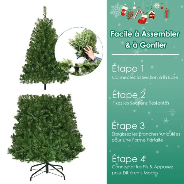 Sapin de Noël Artificiel 120cm Arbre de Noël, Lumières LED multicolore, Pied en Métal 35cm, en PVC, Vert