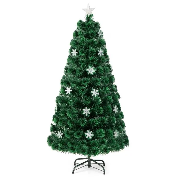 Sapin de Noël Artificiel 150 cm avec Lumières LED et Pied Arbre de Noël en PVC plastique métal avec flocon de neige, Vert