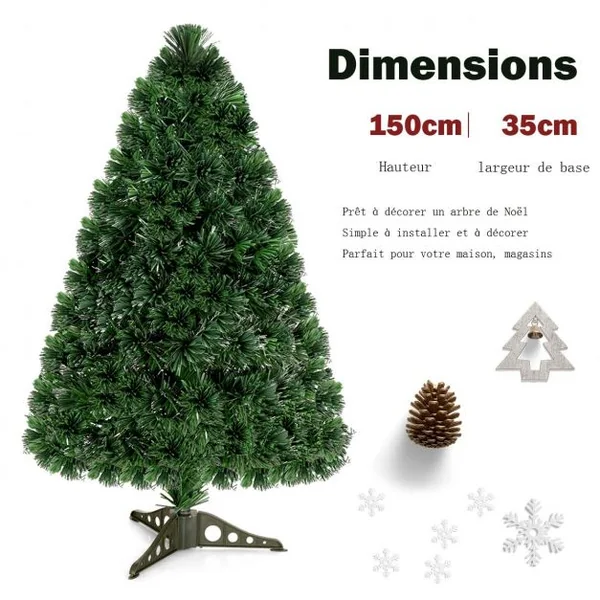Sapin de Noël Artificiel 150 cm avec Lumières LED et Pied Arbre de Noël en PVC plastique métal, Couleur vert