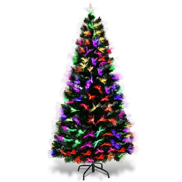 Sapin de Noël Artificiel 150 cm avec Lumières LED multicolores et Pied Arbre de Noël en PVC plastique métal, vert