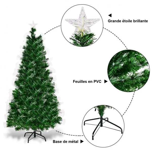Sapin de Noël Artificiel 150 cm avec Lumières LED multicolores et Pied Arbre de Noël en PVC plastique métal, vert
