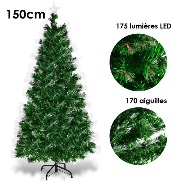 Sapin de Noël Artificiel 150 cm avec Lumières LED multicolores et Pied Arbre de Noël en PVC plastique métal, vert