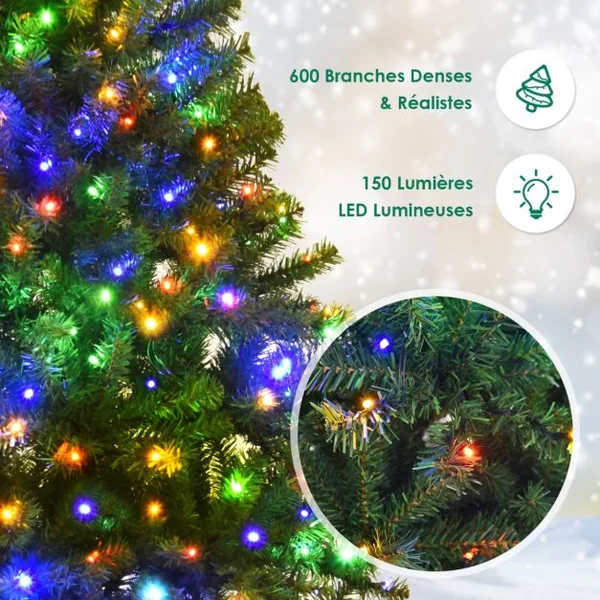 Sapin de Noël Artificiel 150cm Arbre de Noël, Lumières LED multicolore, Pied en Métal 40cm, en PVC, Vert