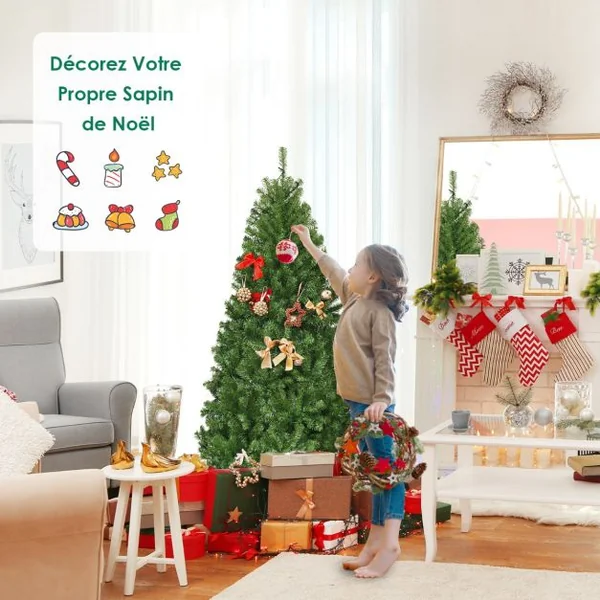Sapin de Noël Artificiel 150cm Arbre de Noël, Lumières LED multicolore, Pied en Métal 40cm, en PVC, Vert