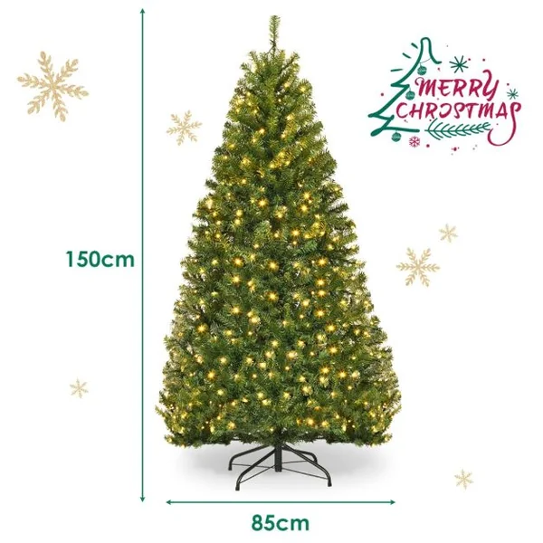 Sapin de Noël Artificiel 150cm Arbre de Noël, Lumières LED multicolore, Pied en Métal 40cm, en PVC, Vert
