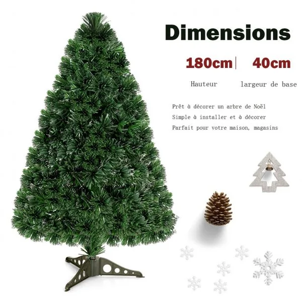 Sapin de Noël Artificiel 180 cm avec Lumières LED et Pied Arbre de Noël en PVC plastique métal, Couleur vert