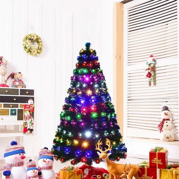Sapin de Noël Artificiel 180cm 230 Branches Lumières LED à Variation de 6 Couleurs, Etoile à la Cime, Pied, Multicolore