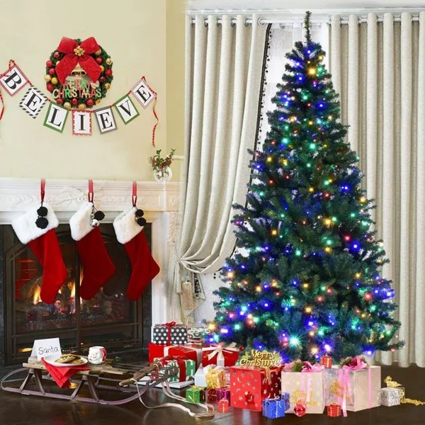 Sapin de Noël Artificiel 180cm Arbre de Noël, Lumières LED multicolore, Pied en Métal 45cm, en PVC, Vert