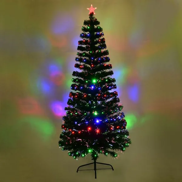 Sapin de Noël Artificiel 210 cm avec Lumières LED colorées et Pied Arbre de Noël en PVC plastique métal, Couleur vert