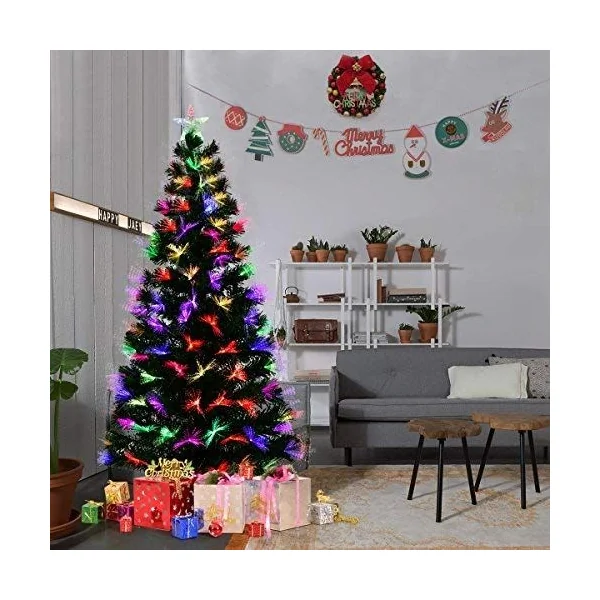 Sapin de Noël Artificiel 210 cm avec Lumières LED multicolores et Pied Arbre de Noël en PVC plastique métal, vert