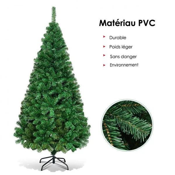 Sapin de Noël Artificiel 210 CM Matériau PVC avec Pied en Métal Excellente Stabilité Peu Encombrant, 950 branches, Vert