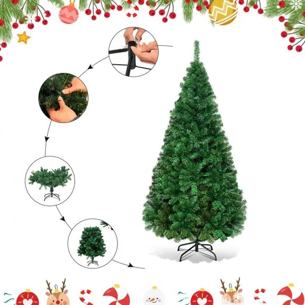 Sapin de Noël Artificiel 210 CM Matériau PVC avec Pied en Métal Excellente Stabilité Peu Encombrant, 950 branches, Vert