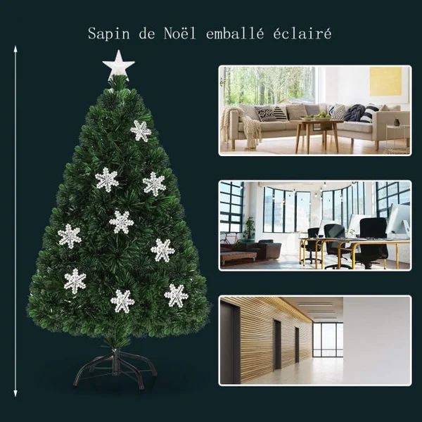 Sapin de Noël Artificiel 210cm 280 Branches Lumières LED Variation de Couleurs, Etoile à la cime, Flocon de neige, Pied