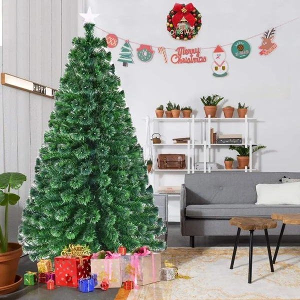 Sapin de Noël Artificiel 210cm 280 Branches Lumières LED à Variation de 6 Couleurs, avec étoile à la cime et pied