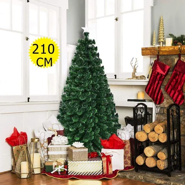 Sapin de Noël Artificiel 210cm 280 Branches Lumières LED à Variation de 6 Couleurs, avec étoile à la cime et pied