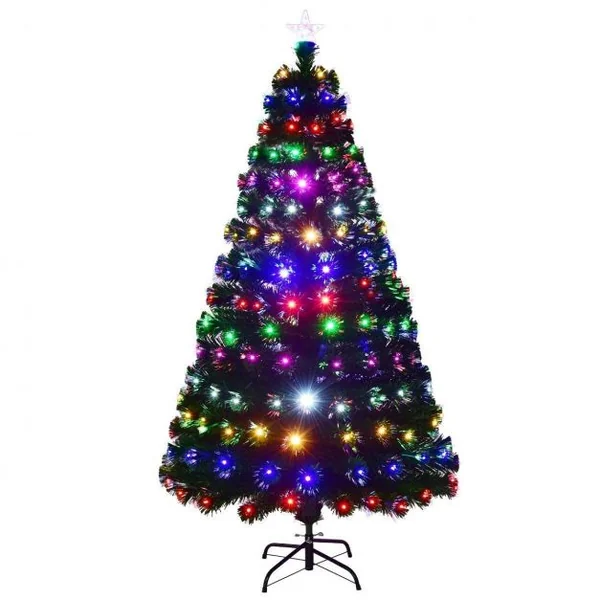 Sapin de Noël Artificiel 210cm 280 Branches Lumières LED à Variation de 6 Couleurs, avec étoile à la cime et pied