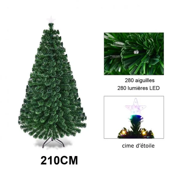 Sapin de Noël Artificiel 210cm 280 Branches Lumières LED à Variation de 6 Couleurs, avec étoile à la cime et pied