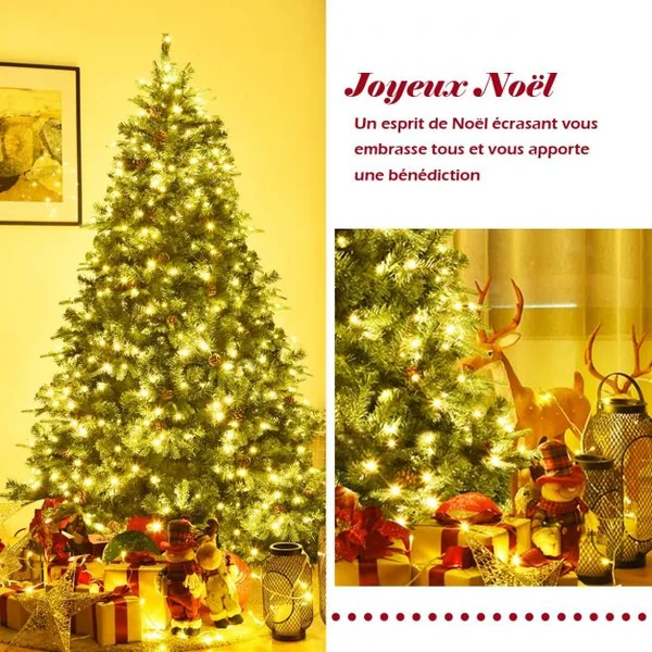 Sapin de Noël Artificiel 210cm Arbre de Noël 61 pommes de pin, Lumières LED, Pied en Métal 50cm, en PVC et PE, Vert