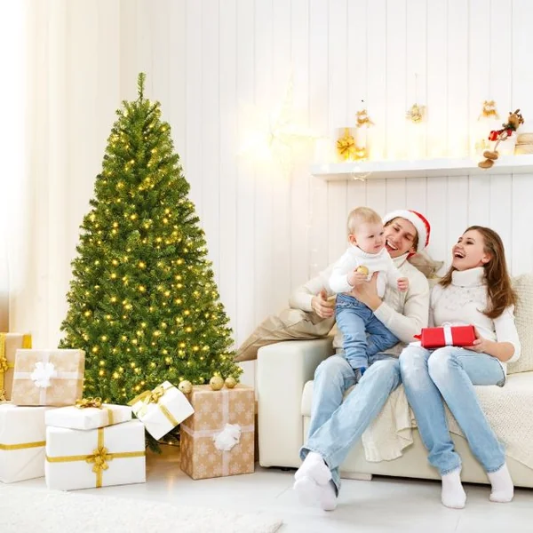 Sapin de Noël Artificiel 210cm Arbre de Noël Lumières LED Multicolore Pied en Métal 50cm en PVC Vert