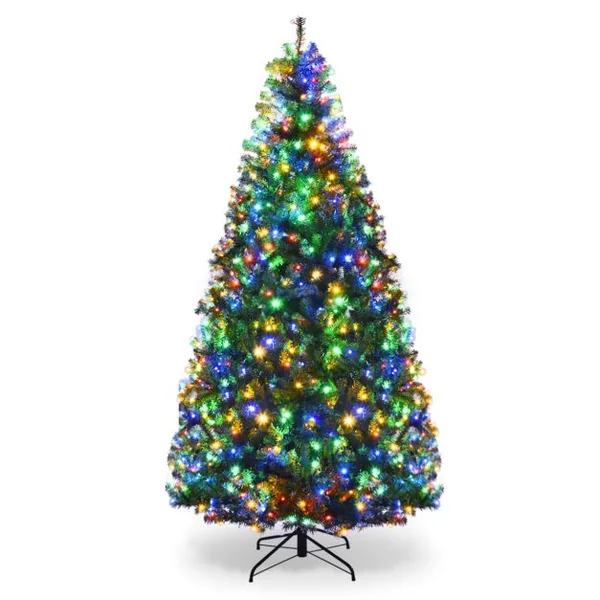 Sapin de Noël Artificiel 210cm Arbre de Noël Lumières LED Multicolore Pied en Métal 50cm en PVC Vert