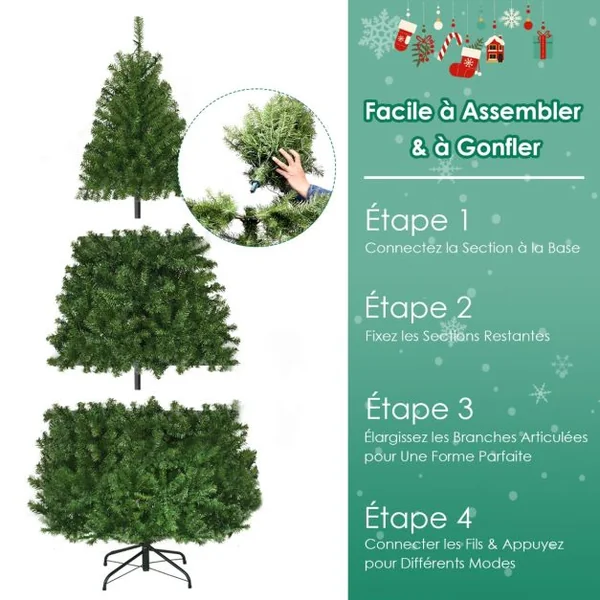 Sapin de Noël Artificiel 210cm Arbre de Noël Lumières LED Multicolore Pied en Métal 50cm en PVC Vert