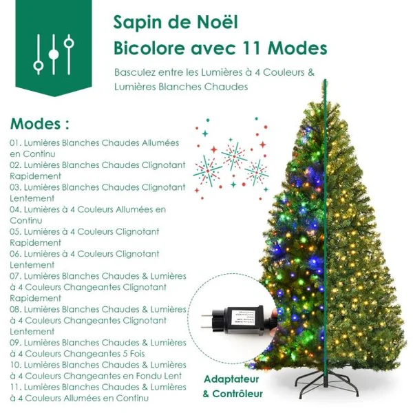Sapin de Noël Artificiel 210cm Arbre de Noël Lumières LED Multicolore Pied en Métal 50cm en PVC Vert