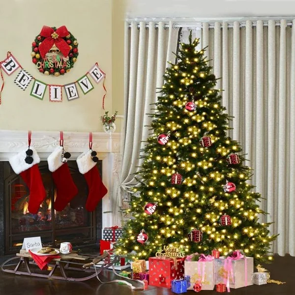 Sapin de Noël Artificiel 225cm Arbre de Noël 61 pommes de pin, Lumières LED, Pied en Métal 55cm, en PVC et PE, Vert