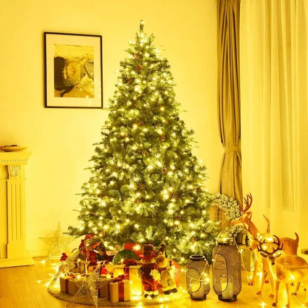 Sapin de Noël Artificiel 240cm Arbre de Noël 81 pommes de pin, Lumières LED, Pied en Métal 60cm, en PVC et PE, Vert
