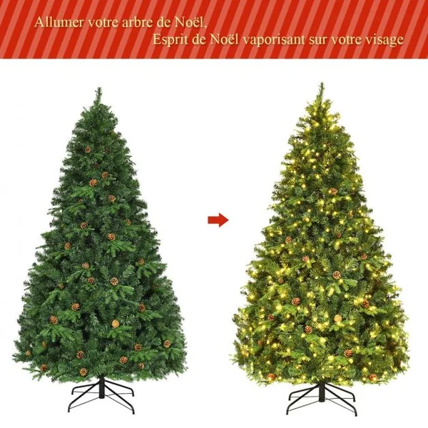 Sapin de Noël Artificiel 240cm Arbre de Noël 81 pommes de pin, Lumières LED, Pied en Métal 60cm, en PVC et PE, Vert