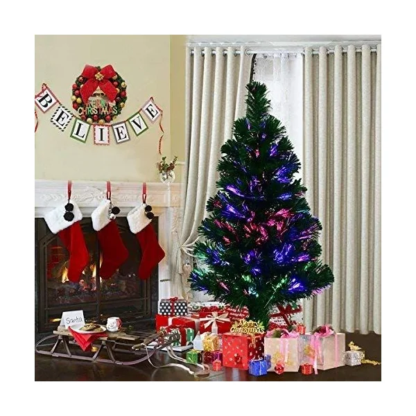 Sapin de Noël Artificiel 90 cm avec Lumières LED et Pied Arbre de Noël en PVC plastique métal, Couleur vert