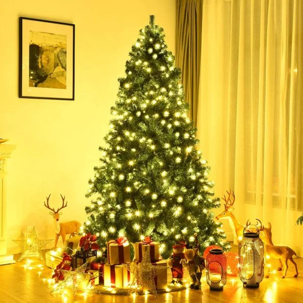 Sapin de Noël Artificiel avec Lumières LED et Pied en Métal Structure Stable 240cm Facile à Installer