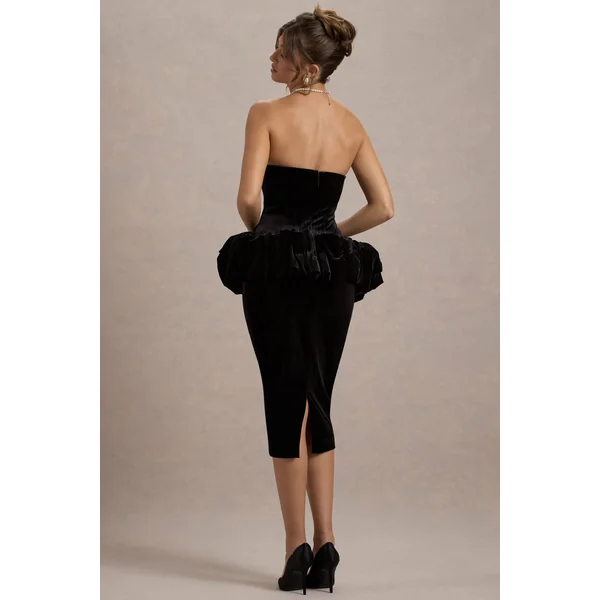 Sarifa | Robe mi-longue en velours bustier noire avec corset et volant péplum