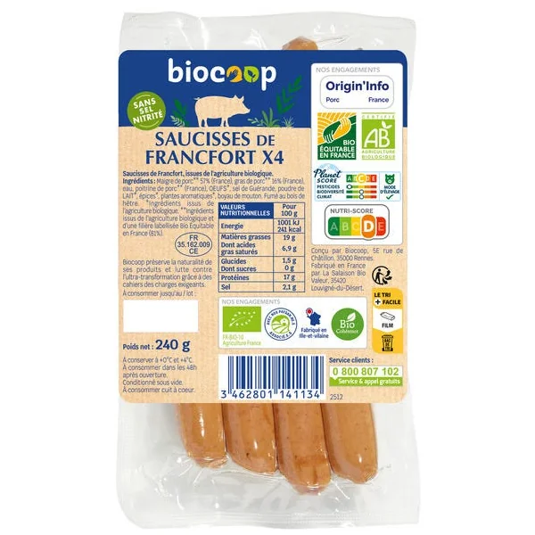 Saucisse de francfort sans sel nitrité