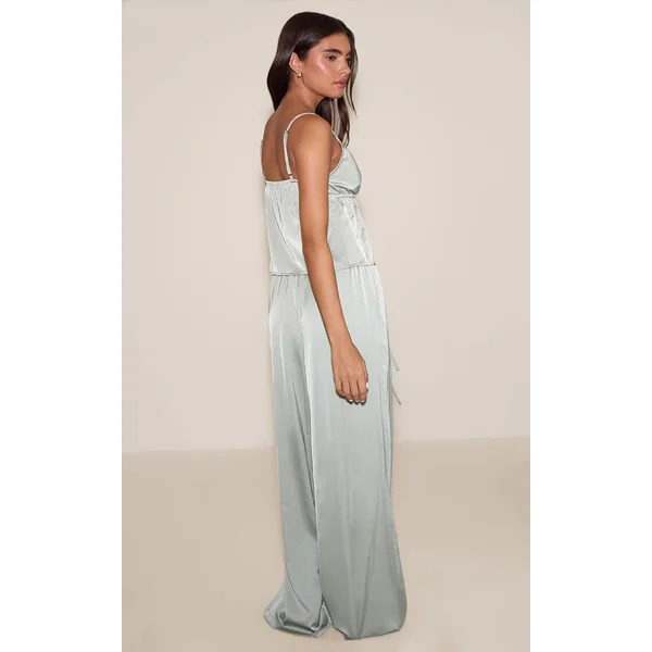 Sauge Ensemble Pyjama Caraco À Nœud Devant En Satin Avec Détails En Dentelle