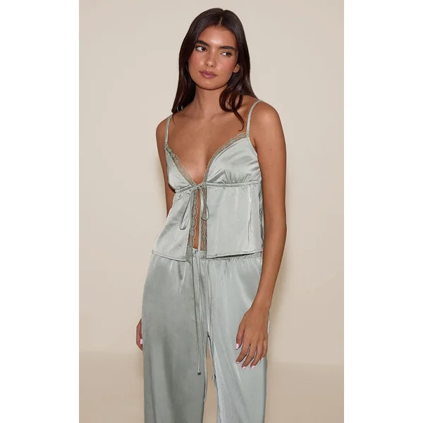 Sauge Ensemble Pyjama Caraco À Nœud Devant En Satin Avec Détails En Dentelle