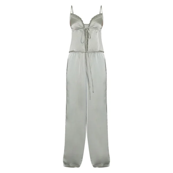 Sauge Ensemble Pyjama Caraco À Nœud Devant En Satin Avec Détails En Dentelle