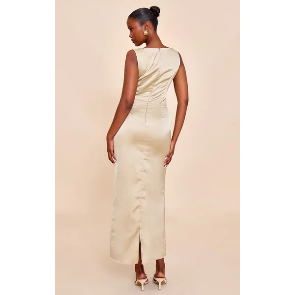 Sauge Robe Longue De Demoiselle D'honneur En Satin Col Bateau